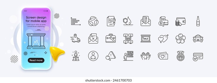 Agreement document, Delivery truck and Accounting report line icons for web app. Phone mockup gradient screen. Pack of Avatar, Horizontal chart, Sale pictogram icons. Vector