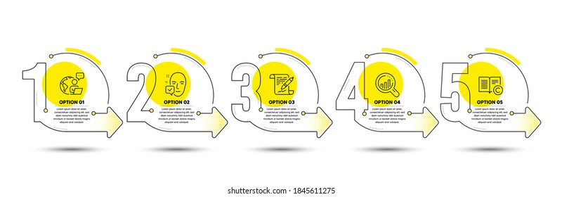 Agreement document, Face accepted and Seo analysis line icons set. Timeline process infograph. Copyright sign. Legal contract, Access granted, Targeting chart. Copywriting book. Science set. Vector