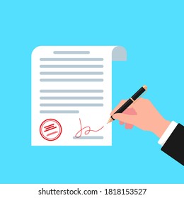 agreement document flat icon design vector illustration, legal paper sheet contract page with signature and approved stamp