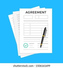 Agreement. Document with green check mark and pen. Flat design. Vector illustration