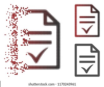 Agreement document icon in sparkle, pixelated halftone and undamaged whole versions. Points are arranged into vector dispersed agreement document icon.