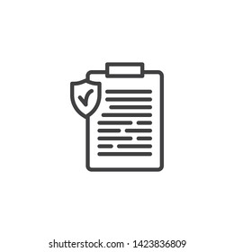 Agreement document insurance line icon. linear style sign for mobile concept and web design. Contract with shield protection outline vector icon. Symbol, logo illustration. Vector graphics