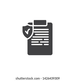 Agreement document insurance vector icon. filled flat sign for mobile concept and web design. Contract with shield protection glyph icon. Symbol, logo illustration. Vector graphics