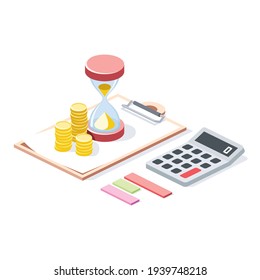 Agreement document, investment finance, coins money, calculator, stroke illustration. Vector 3d line isometric, color web icons, new flat style. Creative design idea for infographics.