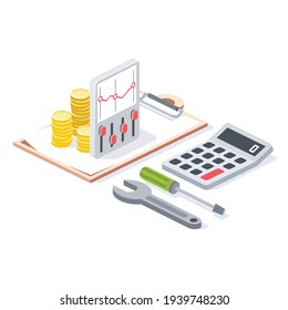 Agreement document, investment finance, schedule settings, tools, calculator, stroke illustration. Vector 3d line isometric, color web icons, new flat style. Creative design idea for infographics.