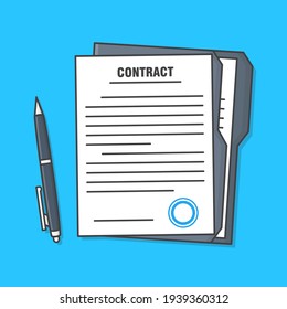 Agreement Document Or Legal Paper Sheet Contract Page With Pen Vector Icon Illustration. Contract Papers Flat Icon