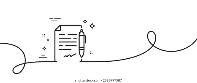 Icono de línea de documento de acuerdo. Una línea continua con curl. Firma de archivo de contrato. Símbolo de nota de Office. Cinta de esquema único del documento de acuerdo. Patrón de curva de bucle. Vector