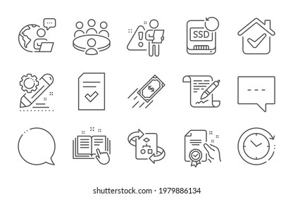 Agreement document, Meeting and Blog line icons set. Certificate, Fast payment and Recovery ssd signs. Technical documentation, Time change and Checked file symbols. Line icons set. Vector