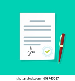 Agreement document vector icon, flat style legal paper sheet contract page with signature and approved stamp