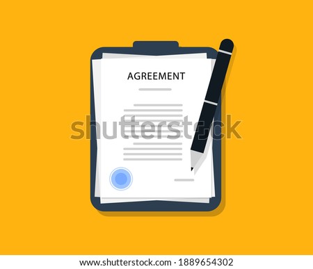 Agreement. Documents with pen on a black folder in a flat style. Contract with a seal. Contract.