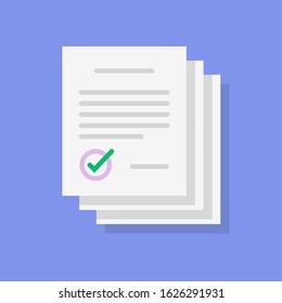 Agreement documents stack pile icon or paper contract list sign with signature and checkmark or tick vector flat cartoon, idea of legal documentation paperwork or success deal approved