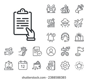 Agreement file sign. Salaryman, gender equality and alert bell outline icons. Clipboard document line icon. Survey record symbol. Clipboard line sign. Spy or profile placeholder icon. Vector