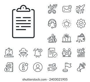 Agreement file sign. Salaryman, gender equality and alert bell outline icons. Clipboard document line icon. Survey record symbol. Clipboard line sign. Spy or profile placeholder icon. Vector