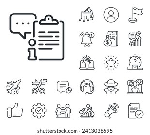 Agreement file sign. Salaryman, gender equality and alert bell outline icons. Clipboard document line icon. Info data symbol. Clipboard line sign. Spy or profile placeholder icon. Vector