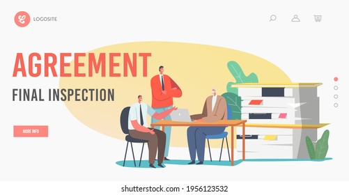 Agreement Final Inspection Landing Page Template. Legality Documentation, Authorization, Certification, Official Legal Document, Lawyer Consulting Visitor Character. Cartoon People Vector Illustration