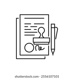 Agreement flat line icon. Paper documents with stamp sign. Thin linear logo for legal financial services, accountancy.