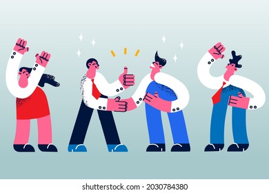 Agreement, handshake and collaboration concept. Group of young business partners shaking hands feeling happy after successful negotiations business deal, cooperation concept. 