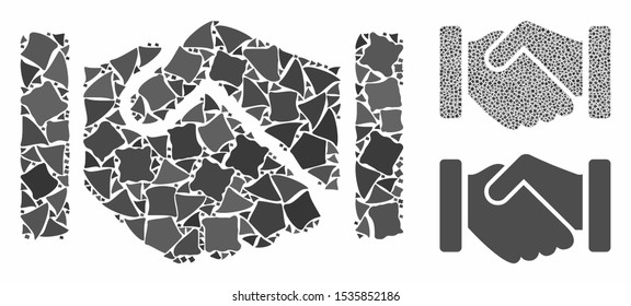 Agreement handshake composition of raggy parts in different sizes and shades, based on agreement handshake icon. Vector uneven parts are grouped into composition.