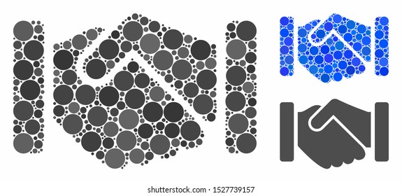 Agreement handshake composition of round dots in various sizes and color tones, based on agreement handshake icon. Vector round dots are united into blue mosaic.