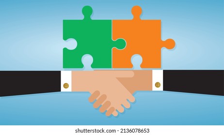Agreement, handshake with puzzle pieces. Vector illustration. Dimension 16:9.