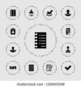 Agreement icon. collection of 13 agreement filled icons such as stamp, tick, check list, checklist, clipboard, handshake. editable agreement icons for web and mobile.