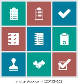Agreement icon. collection of 9 agreement filled icons such as stamp, tick, checklist, handshake. editable agreement icons for web and mobile.