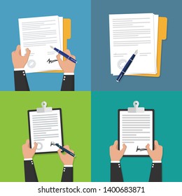 Agreement icon in flat style - contract and pen vector