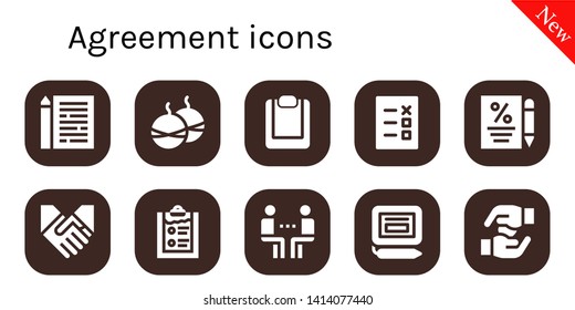 agreement icon set. 10 filled agreement icons.  Simple modern icons about  - Sheet, Smoke bomb, Clipboard, List, Contract, Handshake, Meeting, Signature, Hands
