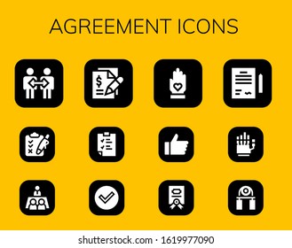 agreement icon set. 12 filled agreement icons.  Collection Of - Cooperation, Clipboard, Meeting, Contract, Check, Hand, Handgrip icons