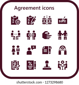  agreement icon set. 16 filled agreement icons. Simple modern icons about  - Clipboard, Testing, Check, Meeting, Cooperation, Hand, Deal, Partners, Salesman, Contract, Handgrip