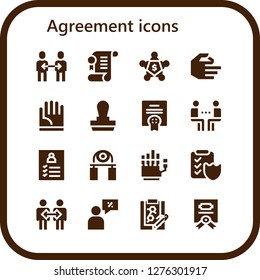  agreement icon set. 16 filled agreement icons. Simple modern icons about  - Friendship, Agreement, Meeting, Hand, Stamp, Register, Handgrip, Contract, Cooperation, Salesman, Clipboard