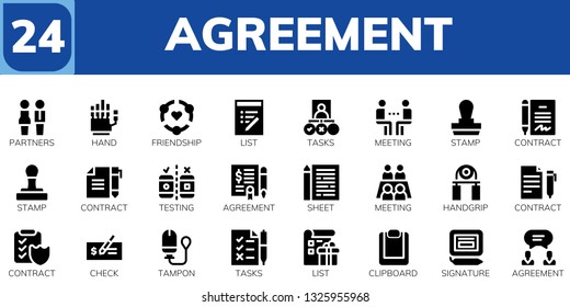 agreement icon set. 24 filled agreement icons.  Simple modern icons about  - Partners, Hand, Friendship, List, Tasks, Meeting, Stamp, Contract, Testing, Agreement, Sheet, Handgrip