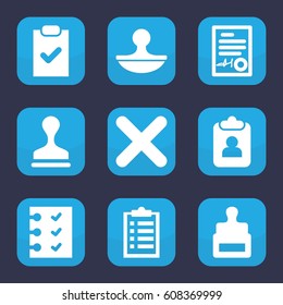 Agreement icon. set of 9 filled agreement icons such as stamp, checklist, cross, signed document