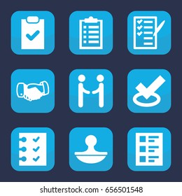 Agreement icon. set of 9 filled agreement icons such as handshake, check list, checklist, stamp, shaking hands