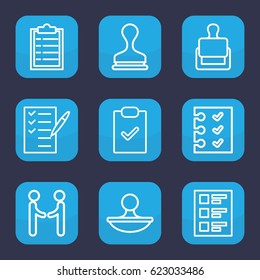 Agreement icon. set of 9 outline agreement icons such as stamp, check list, checklist