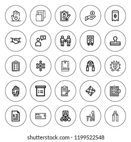 Agreement icon set. collection of 25 outline agreement icons with clipboard, check, contract, cooperation, deal, hand grip, hand, handgrip, handshake icons. editable icons.