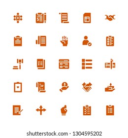 agreement icon set. Collection of 25 filled agreement icons included List, Clipboard, Hand, Agreement, Contract, Handshake, Finance, Test, Check, Check list, Auction, Sheet, Meeting