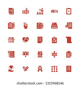 agreement icon set. Collection of 25 filled agreement icons included List, Test, Hand, Handshake, Checklist, Meeting, Friendship, Penalty, Tasks, Clipboard, Hand shake, Register