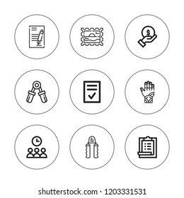 Agreement icon set. collection of 9 outline agreement icons with contract, hand grip, hand, finance, meeting, stamp icons. editable icons.