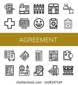 agreement icon set. Collection of Auction, Cross, Register, Task list, Aguas livres, Ok, Flat arch greenhouse, Clipboard, Hand, Check out, List, Medical certificate, Check icons