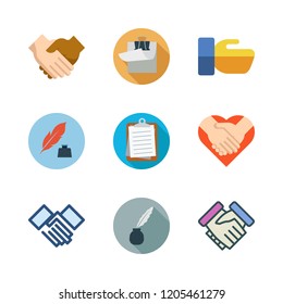 agreement icon set. vector set about clipboard, hand shake, quill and handshake icons set.