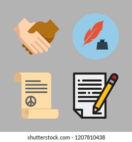 agreement icon set. vector set about contract, peace treaty, quill and handshake icons set.