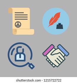 agreement icon set. vector set about handshake, human resources, quill and peace treaty icons set.