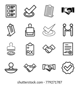 Agreement icons. set of 16 editable outline agreement icons such as handshake, stamp, clipboard, tick, checklist, signed document