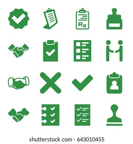 Agreement icons set. set of 16 agreement filled icons such as stamp, handshake, clipboard, tick, checklist, cross