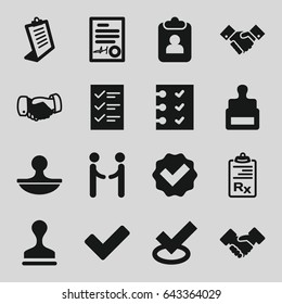 Agreement icons set. set of 16 agreement filled icons such as stamp, handshake, clipboard, tick, checklist, signed document