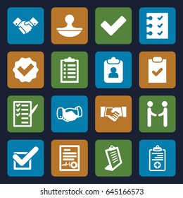 Agreement icons set. set of 16 agreement filled icons such as handshake, clipboard, check list, tick, medical clipboard, checklist, stamp, signed document