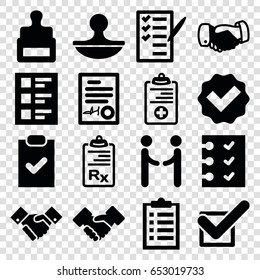 Agreement icons set. set of 16 agreement filled icons such as stamp, handshake, check list, medical clipboard, clipboard, checklist, tick, signed document