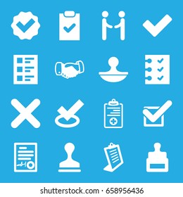 Agreement icons set. set of 16 agreement filled icons such as stamp, handshake, clipboard, tick, medical clipboard, checklist, cross, signed document