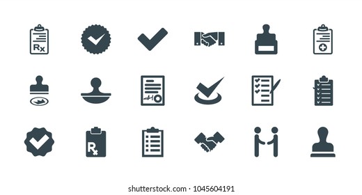 Agreement icons. set of 18 editable filled agreement icons: stamp, tick, checklist, check list, medical clipboard, clipboard, signed document, handshake